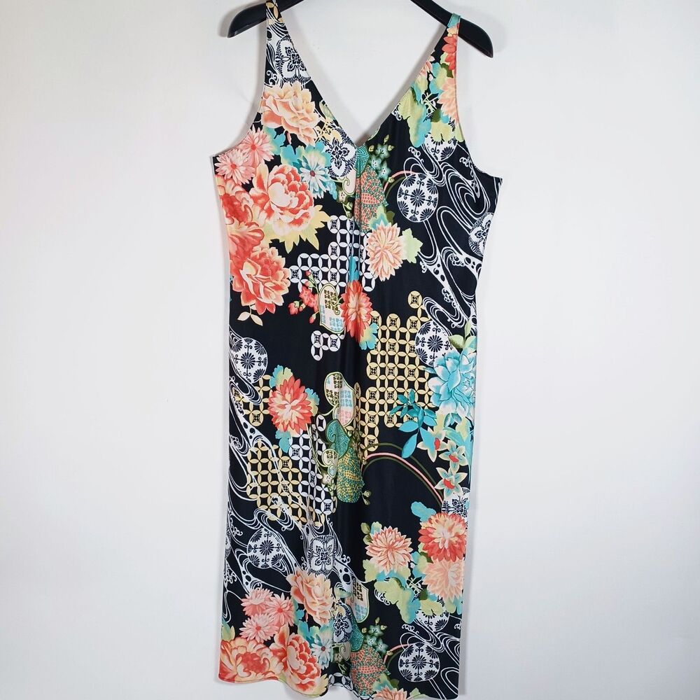 Natori Kimono Robe & Gown Asian Floral XL Belted Satin Pockets Black Geometric - Picture 6 of 11